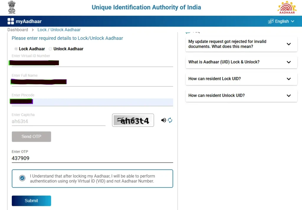 Aadhaar Biometric Unlock Without Login myAadhaar